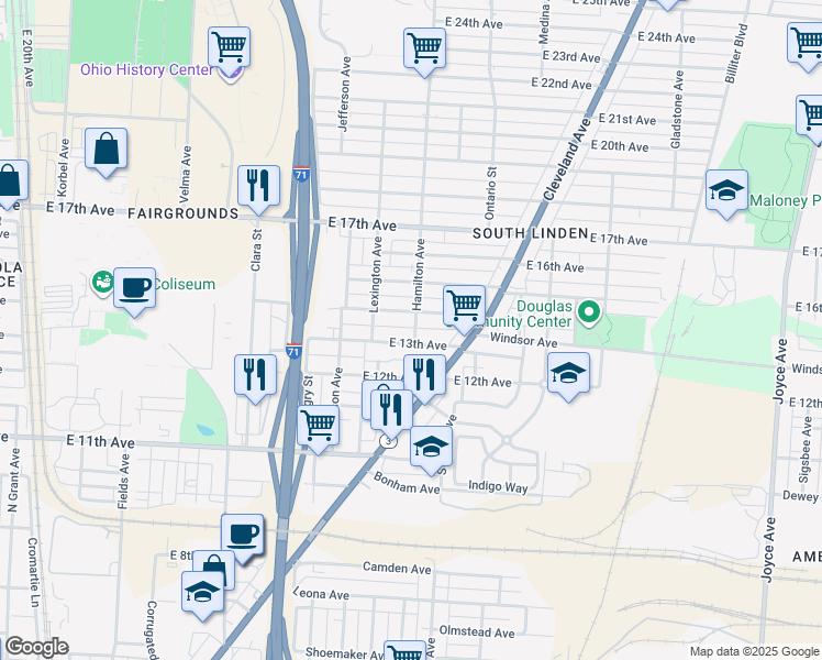 map of restaurants, bars, coffee shops, grocery stores, and more near 994 East 13th Avenue in Columbus