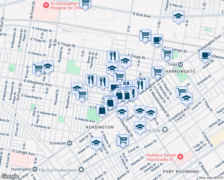 map of restaurants, bars, coffee shops, grocery stores, and more near 737 East Hilton Street in Philadelphia