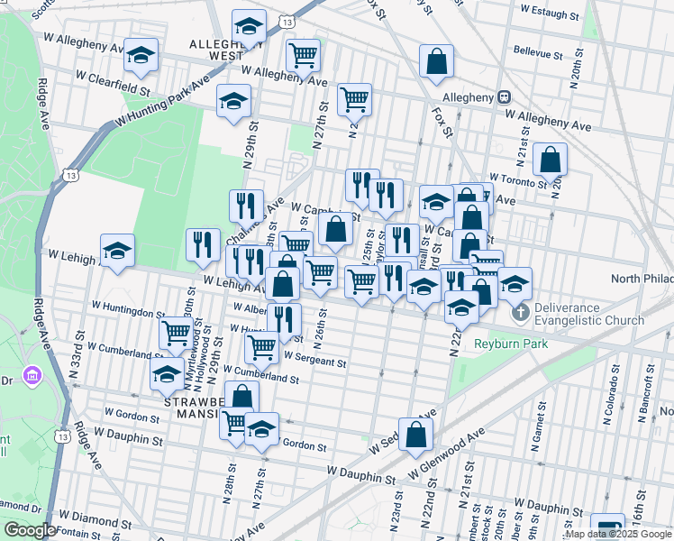 map of restaurants, bars, coffee shops, grocery stores, and more near 2606 West Seltzer Street in Philadelphia