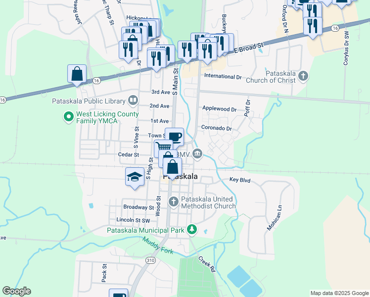map of restaurants, bars, coffee shops, grocery stores, and more near 275 Poplar Street in Pataskala