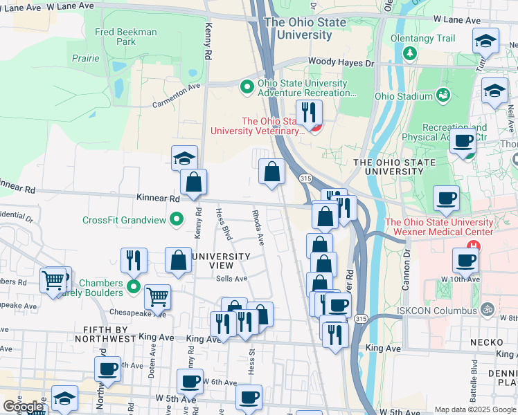 map of restaurants, bars, coffee shops, grocery stores, and more near 1846 Rhoda Avenue in Columbus