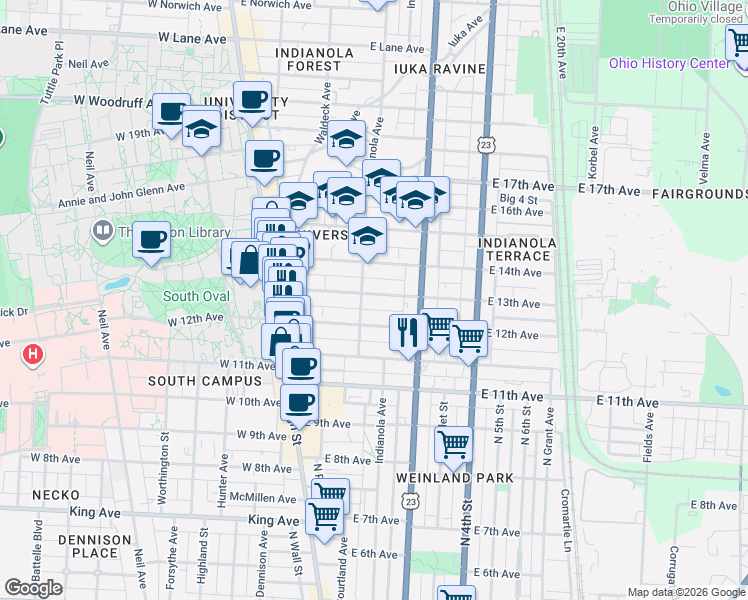 map of restaurants, bars, coffee shops, grocery stores, and more near 155 East 13th Avenue in Columbus