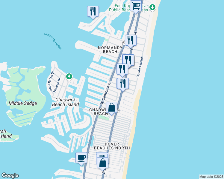 map of restaurants, bars, coffee shops, grocery stores, and more near 140 Marshmallow Road in Lavallette
