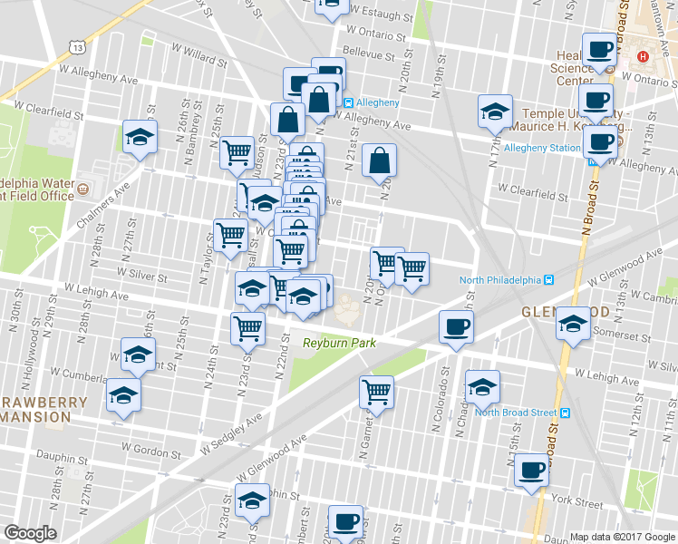 map of restaurants, bars, coffee shops, grocery stores, and more near 2810 North Lambert Street in Philadelphia