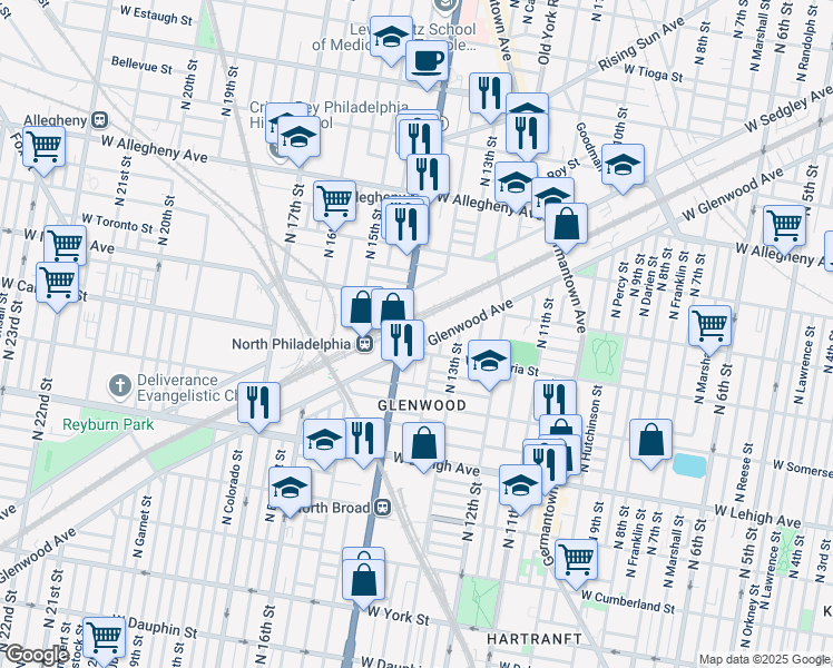 map of restaurants, bars, coffee shops, grocery stores, and more near 2921 North Broad Street in Philadelphia