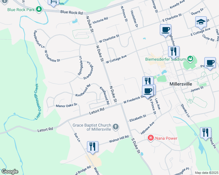 map of restaurants, bars, coffee shops, grocery stores, and more near 65 North Duke Street in Millersville