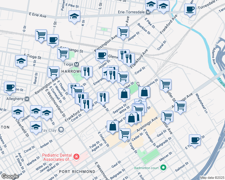 map of restaurants, bars, coffee shops, grocery stores, and more near 2069 Kingston Street in Philadelphia