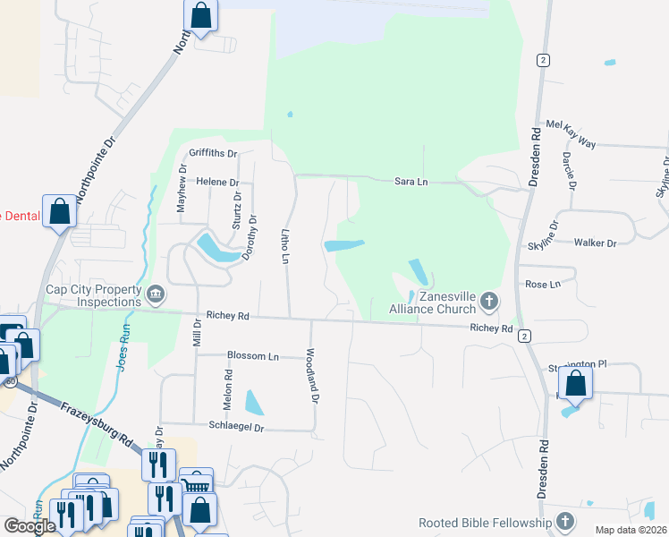 map of restaurants, bars, coffee shops, grocery stores, and more near 3860 Northbrook Drive in Zanesville