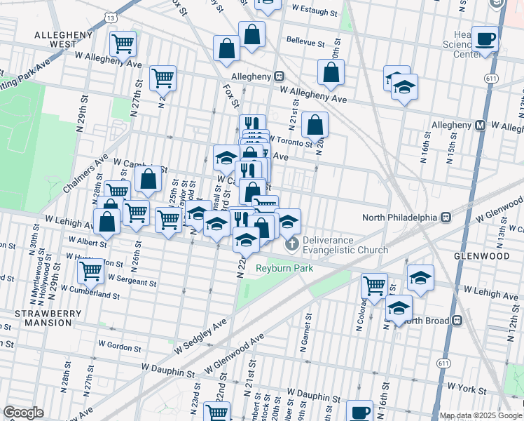 map of restaurants, bars, coffee shops, grocery stores, and more near 2814 North Van Pelt Street in Philadelphia