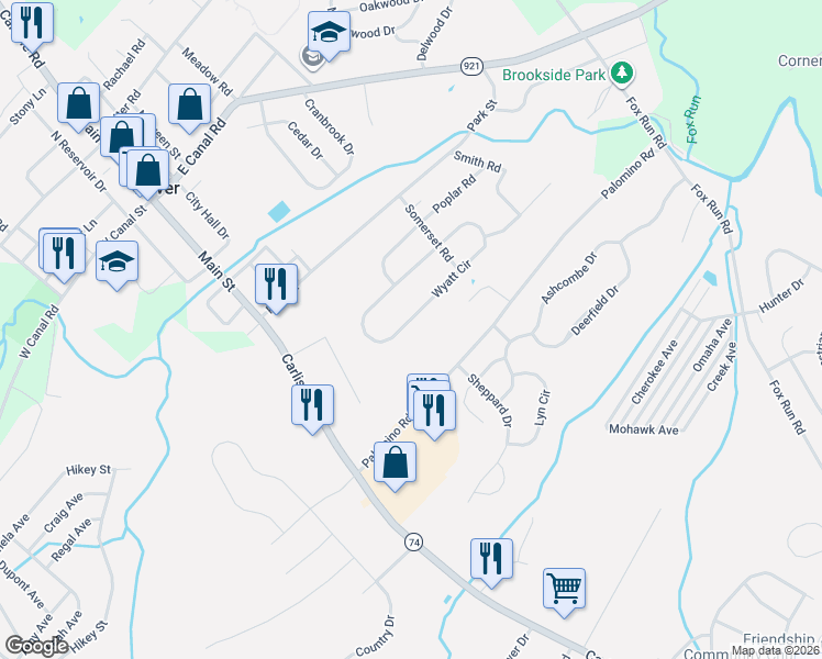 map of restaurants, bars, coffee shops, grocery stores, and more near 2033 Wyatt Cir in Dover