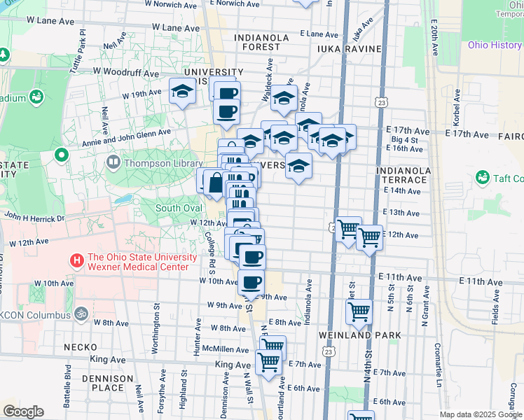 map of restaurants, bars, coffee shops, grocery stores, and more near 71 East 13th Avenue in Columbus