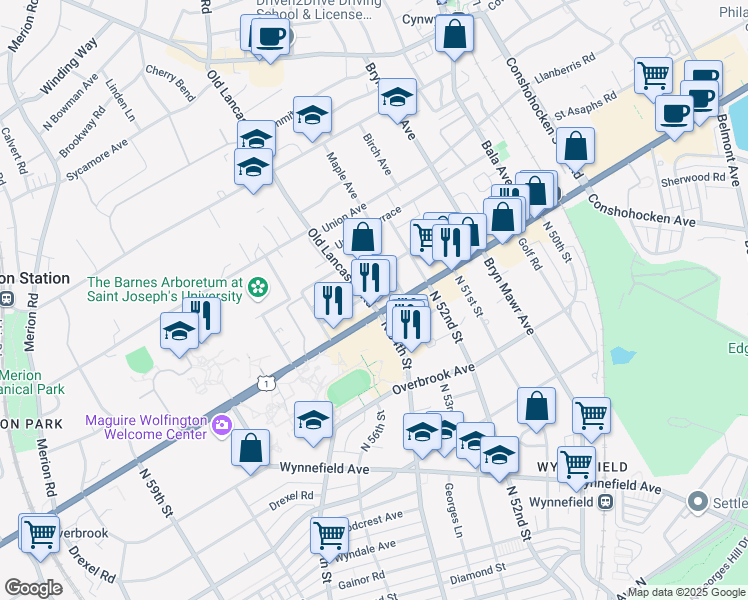 map of restaurants, bars, coffee shops, grocery stores, and more near 178 Stoneway Lane in Bala Cynwyd