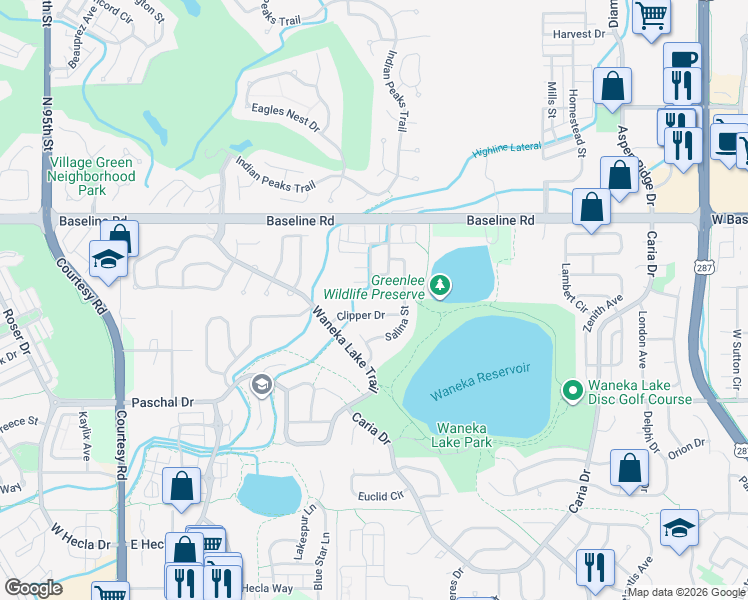 map of restaurants, bars, coffee shops, grocery stores, and more near 2018 South Fork Drive in Lafayette