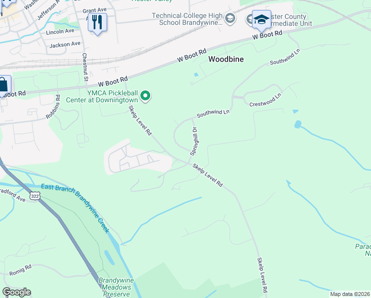 map of restaurants, bars, coffee shops, grocery stores, and more near 7 Southwind Ln in Downingtown