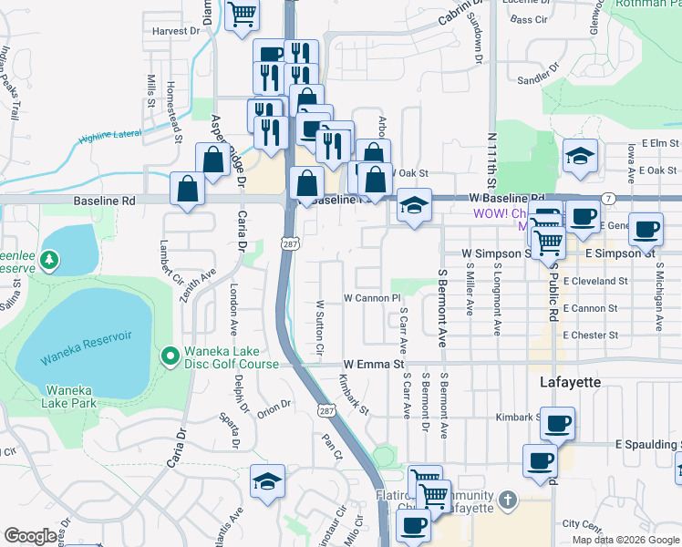 map of restaurants, bars, coffee shops, grocery stores, and more near 215 East Sutton Circle in Lafayette