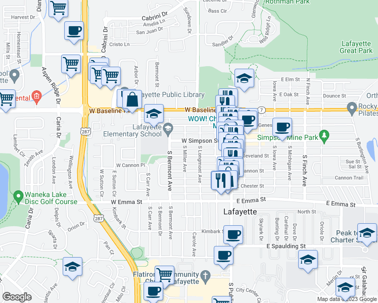 map of restaurants, bars, coffee shops, grocery stores, and more near 309 West Cleveland Street in Lafayette