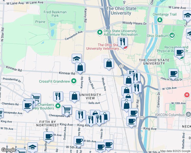 map of restaurants, bars, coffee shops, grocery stores, and more near 917 Kinnear Road in Columbus