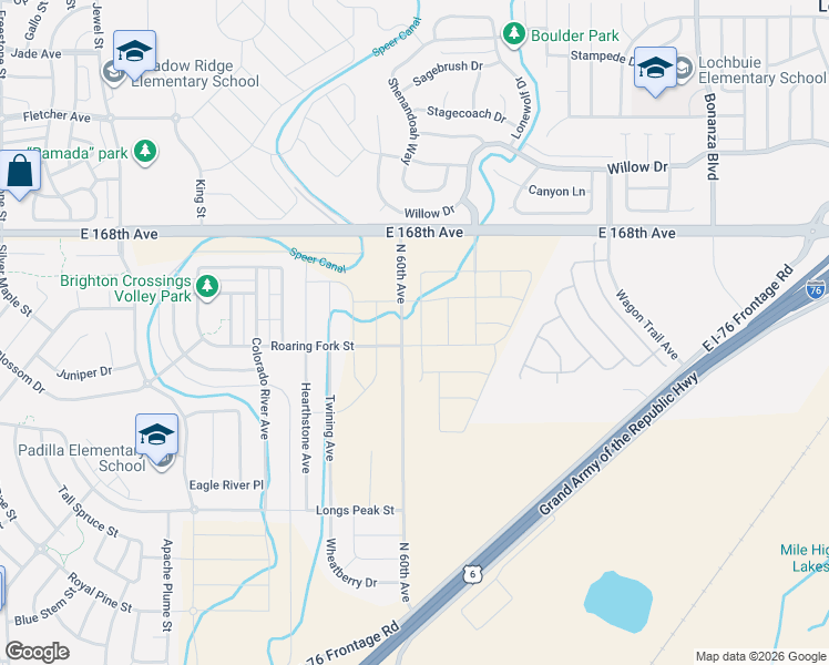 map of restaurants, bars, coffee shops, grocery stores, and more near 21740 East 168th Avenue in Lochbuie