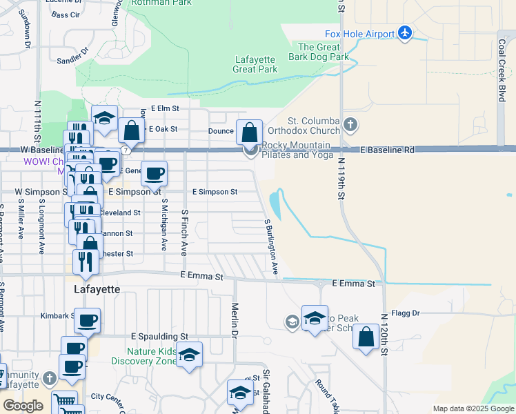 map of restaurants, bars, coffee shops, grocery stores, and more near 821 East Cleveland Street in Lafayette