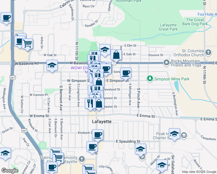 map of restaurants, bars, coffee shops, grocery stores, and more near 209 East Cleveland Street in Lafayette