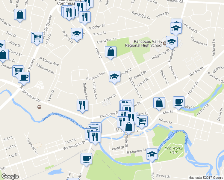 map of restaurants, bars, coffee shops, grocery stores, and more near 214 High Street in Mount Holly
