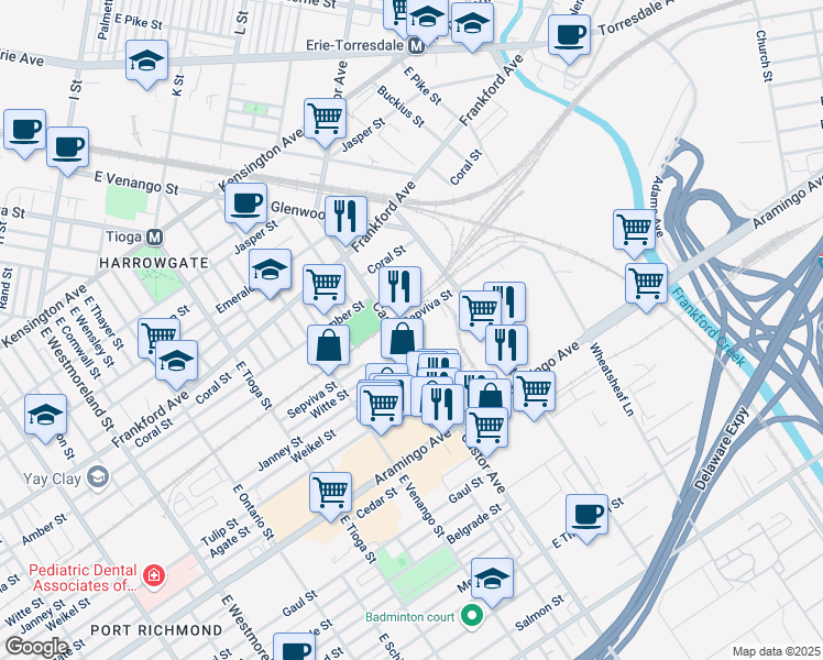 map of restaurants, bars, coffee shops, grocery stores, and more near 3711 Sepviva Street in Philadelphia