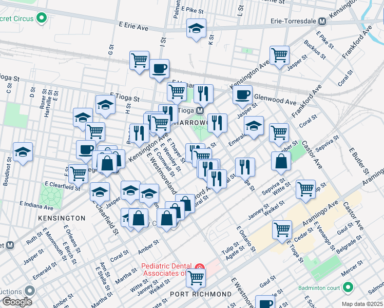 map of restaurants, bars, coffee shops, grocery stores, and more near 3422 Helen Street in Philadelphia