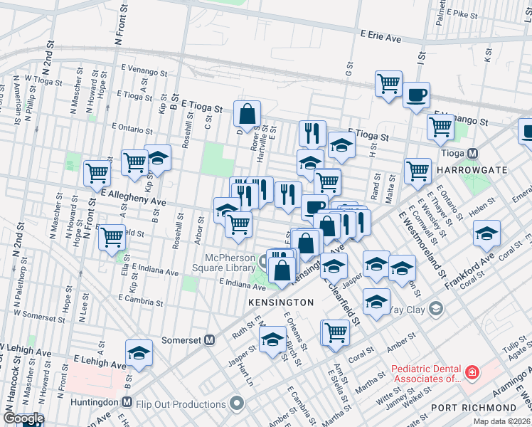 map of restaurants, bars, coffee shops, grocery stores, and more near 623 East Allegheny Avenue in Philadelphia