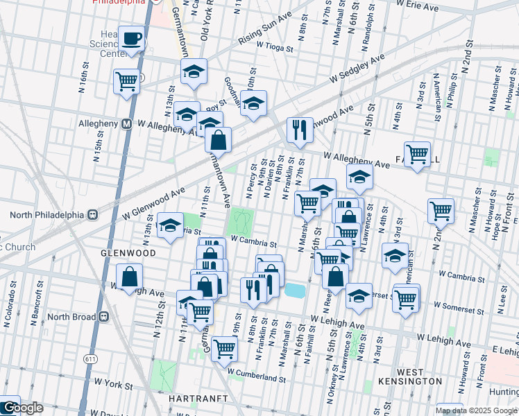 map of restaurants, bars, coffee shops, grocery stores, and more near 911 West Indiana Avenue in Philadelphia