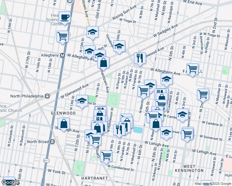 map of restaurants, bars, coffee shops, grocery stores, and more near 3000 North Percy Street in Philadelphia