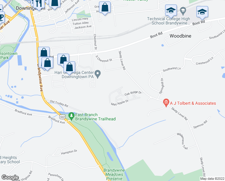map of restaurants, bars, coffee shops, grocery stores, and more near 30 May Apple Drive in Downingtown