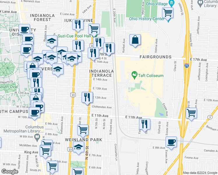map of restaurants, bars, coffee shops, grocery stores, and more near 408 East 13th Avenue in Columbus