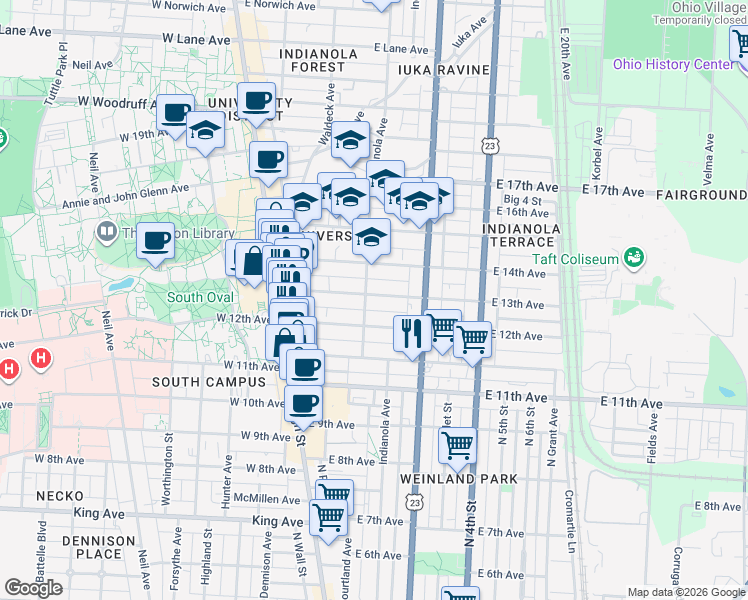 map of restaurants, bars, coffee shops, grocery stores, and more near 127 East 13th Avenue in Columbus