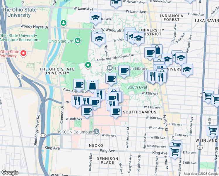 map of restaurants, bars, coffee shops, grocery stores, and more near 1760 Neil Ave in Columbus