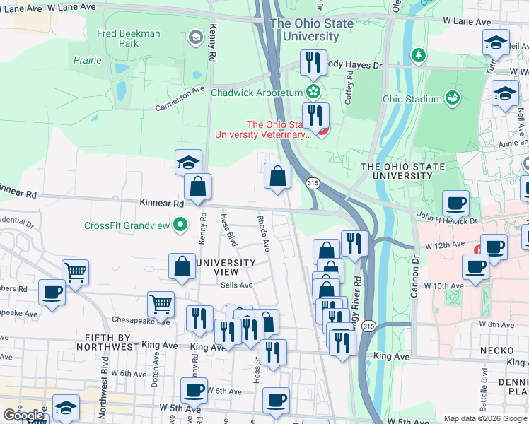 map of restaurants, bars, coffee shops, grocery stores, and more near 1846 Rhoda Avenue in Columbus