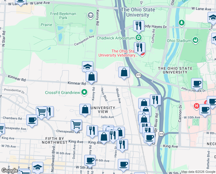 map of restaurants, bars, coffee shops, grocery stores, and more near 917 Kinnear Road in Columbus