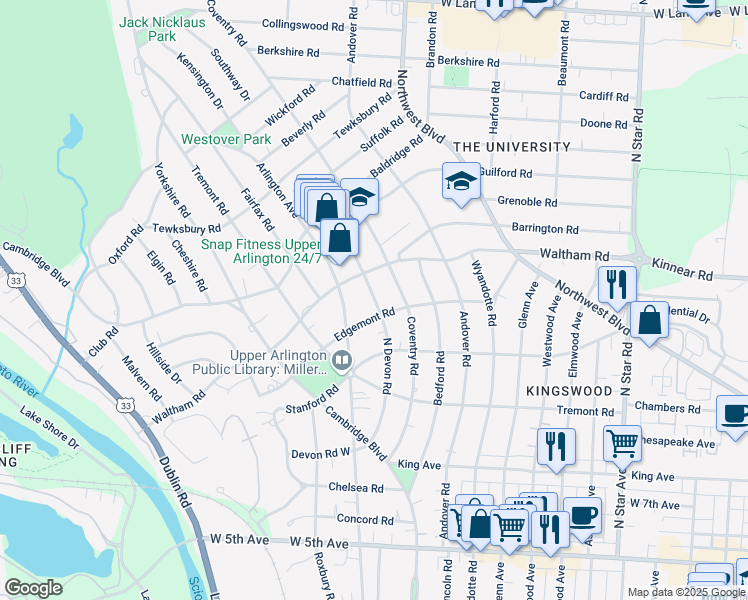 map of restaurants, bars, coffee shops, grocery stores, and more near 2009 North Devon Road in Upper Arlington