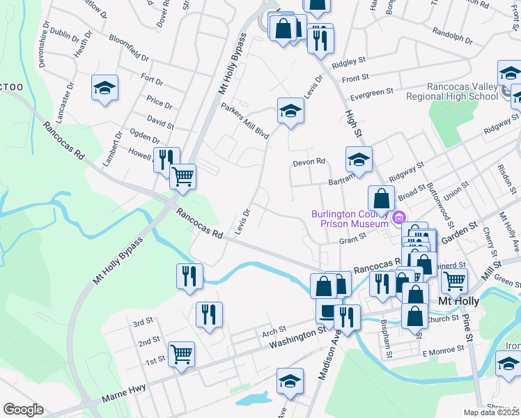 map of restaurants, bars, coffee shops, grocery stores, and more near 150 Joseph Place in Mount Holly