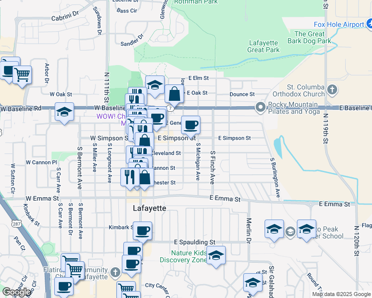 map of restaurants, bars, coffee shops, grocery stores, and more near 311 East Cleveland Street in Lafayette