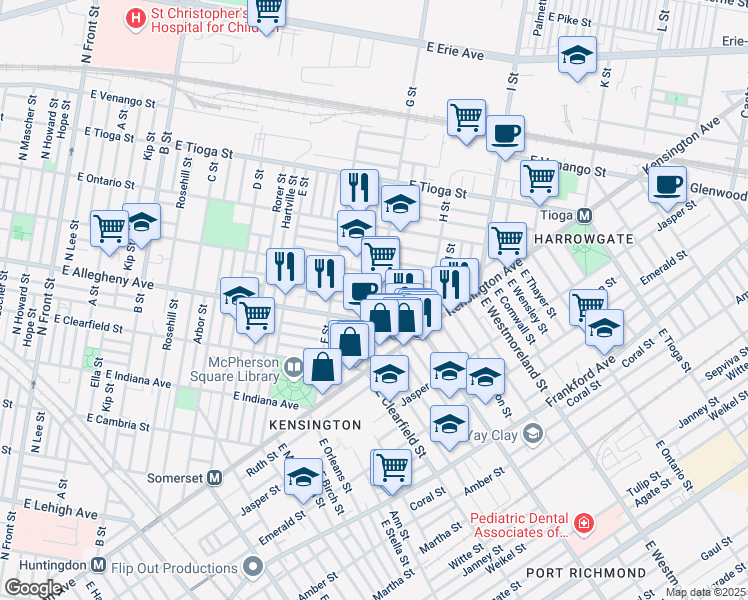 map of restaurants, bars, coffee shops, grocery stores, and more near 762 East Madison Street in Philadelphia
