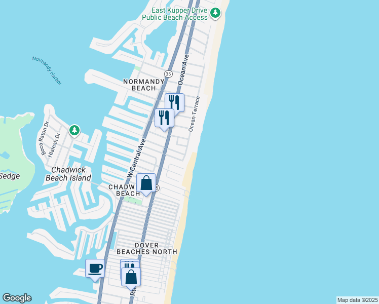 map of restaurants, bars, coffee shops, grocery stores, and more near 3586 Ocean Terrace in Lavallette
