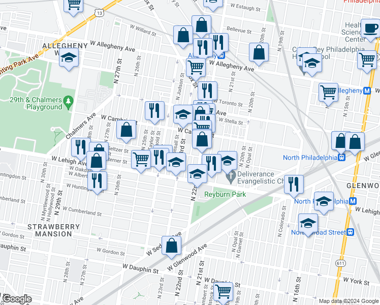 map of restaurants, bars, coffee shops, grocery stores, and more near 2225 West Somerset Street in Philadelphia
