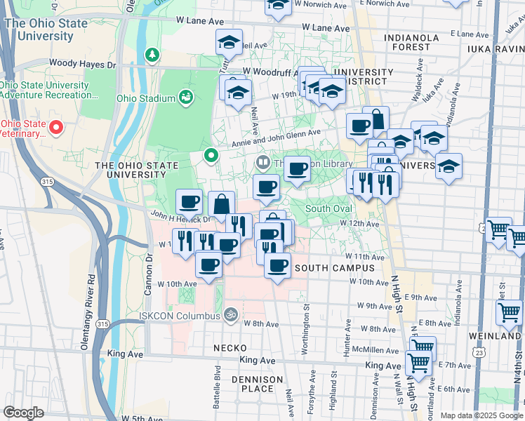 map of restaurants, bars, coffee shops, grocery stores, and more near 1760 Neil Avenue in Columbus