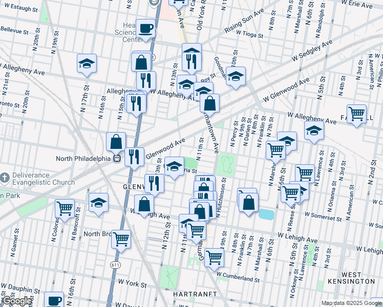 map of restaurants, bars, coffee shops, grocery stores, and more near 1100 W Indiana Ave in Philadelphia