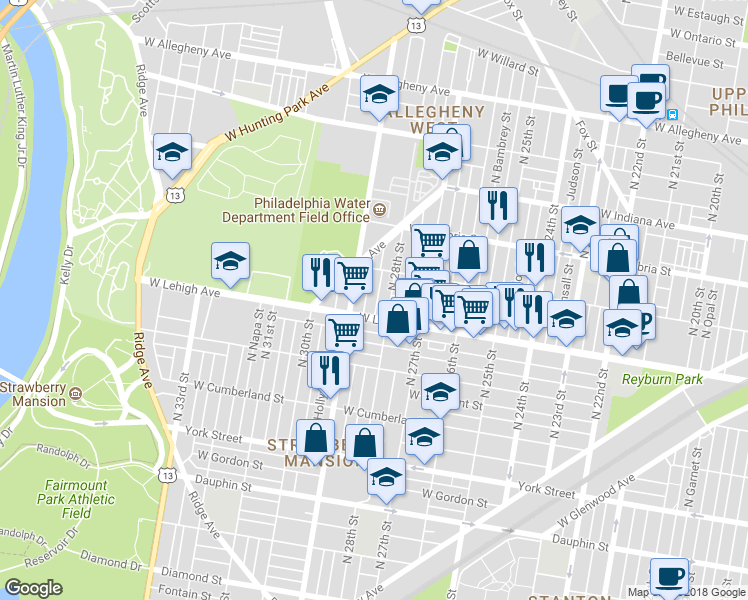 map of restaurants, bars, coffee shops, grocery stores, and more near 2722 North Newkirk Street in Philadelphia