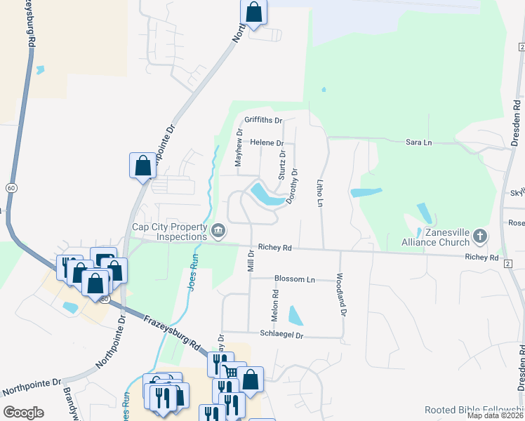 map of restaurants, bars, coffee shops, grocery stores, and more near 1035 Lake View Drive in Zanesville
