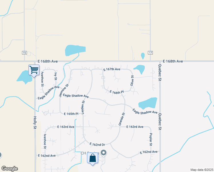 map of restaurants, bars, coffee shops, grocery stores, and more near 6633 East 166th Place in Brighton