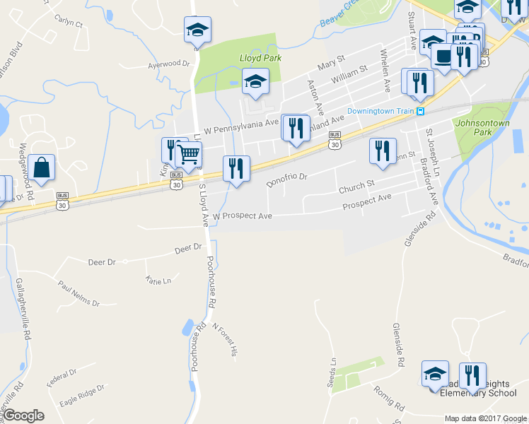 map of restaurants, bars, coffee shops, grocery stores, and more near 457 West Prospect Avenue in Downingtown