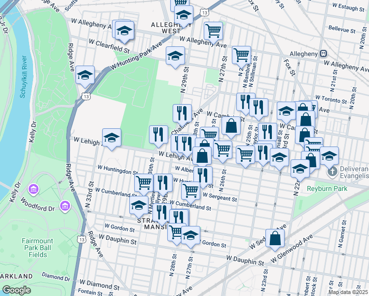 map of restaurants, bars, coffee shops, grocery stores, and more near 2722 North Newkirk Street in Philadelphia
