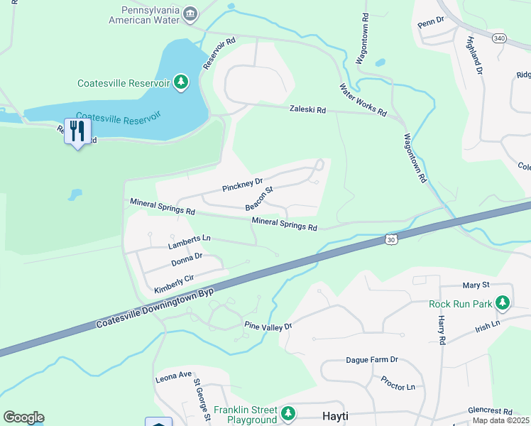 map of restaurants, bars, coffee shops, grocery stores, and more near 200 Cambridge Way in Coatesville